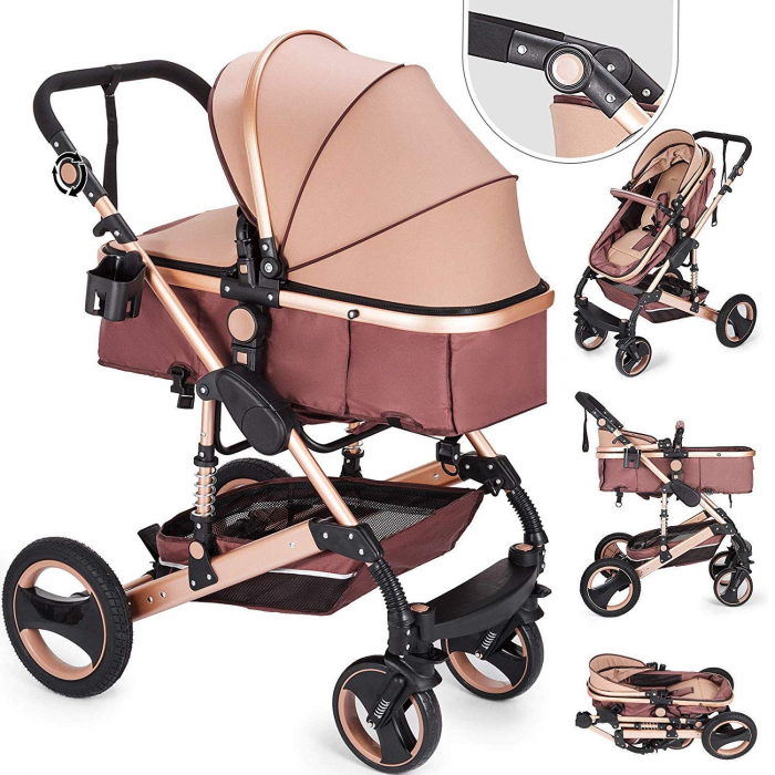 Carucior 2 in 1 pentru copii, pliabil, cu suspensii, transformabil landou-sport, 0-36 luni, cos pentru accesorii [8]