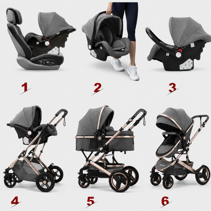 Carucior 3 in 1 7STAR® multifunctional pentru copii – landou, scaun auto si carucior sport, pliabil, design premium, Gri [4]
