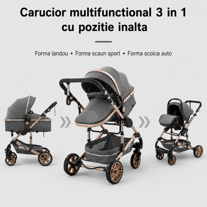 Carucior 3 in 1 7STAR® multifunctional pentru copii – landou, scaun auto si carucior sport, pliabil, design premium, Gri [3]