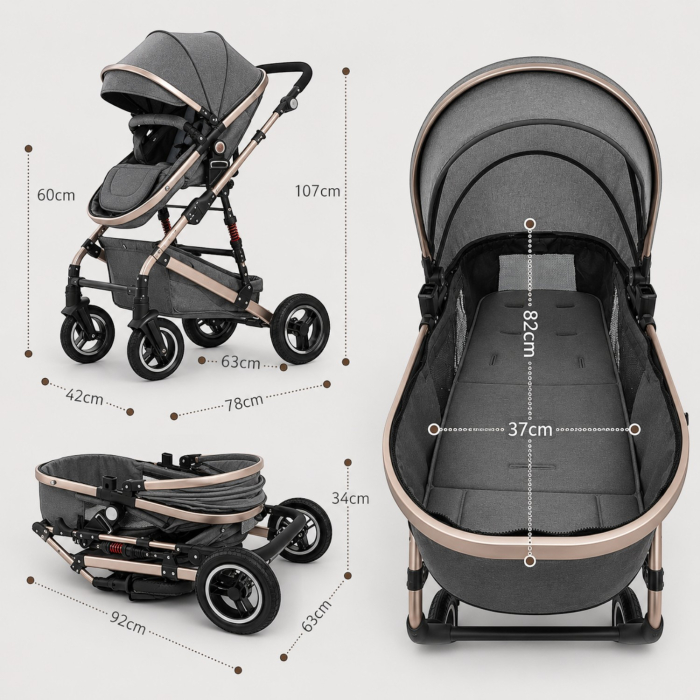 Carucior 3 in 1 7STAR® multifunctional pentru copii – landou, scaun auto si carucior sport, pliabil, design premium, Gri [9]