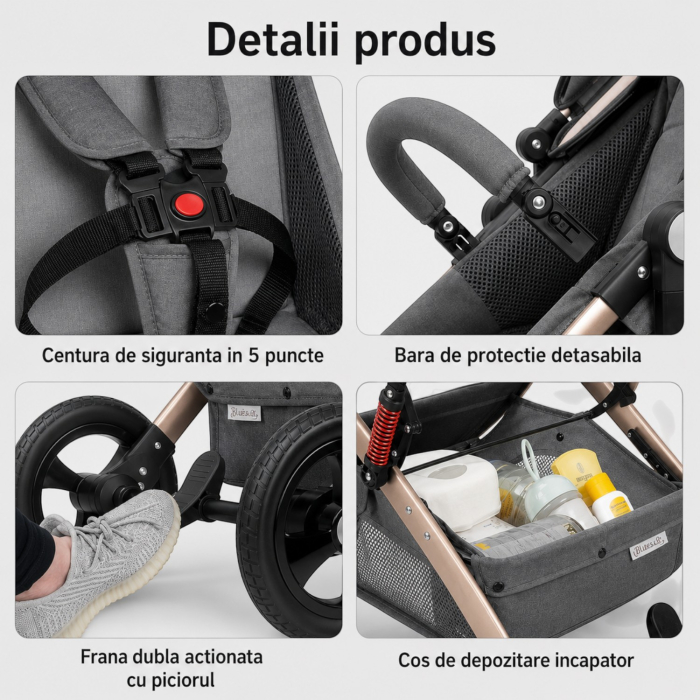 Carucior 3 in 1 7STAR® multifunctional pentru copii – landou, scaun auto si carucior sport, pliabil, design premium, Gri [6]