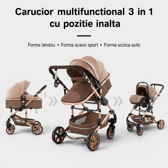 Carucior 3 in 1 7STAR® multifunctional pentru copii – landou, scaun auto si carucior sport, pliabil, design premium, Maro [3]