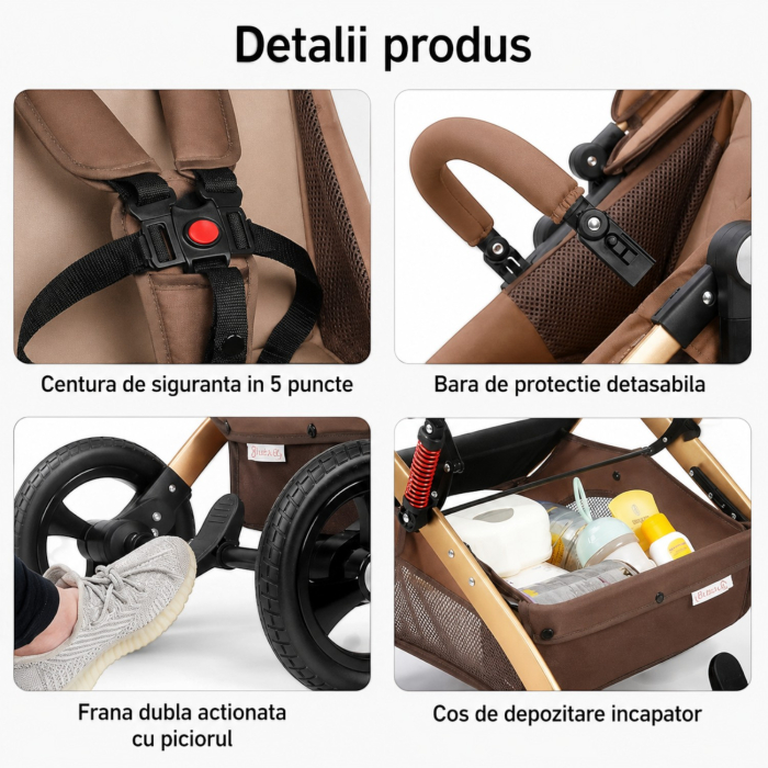 Carucior 3 in 1 7STAR® multifunctional pentru copii – landou, scaun auto si carucior sport, pliabil, design premium, Maro [6]