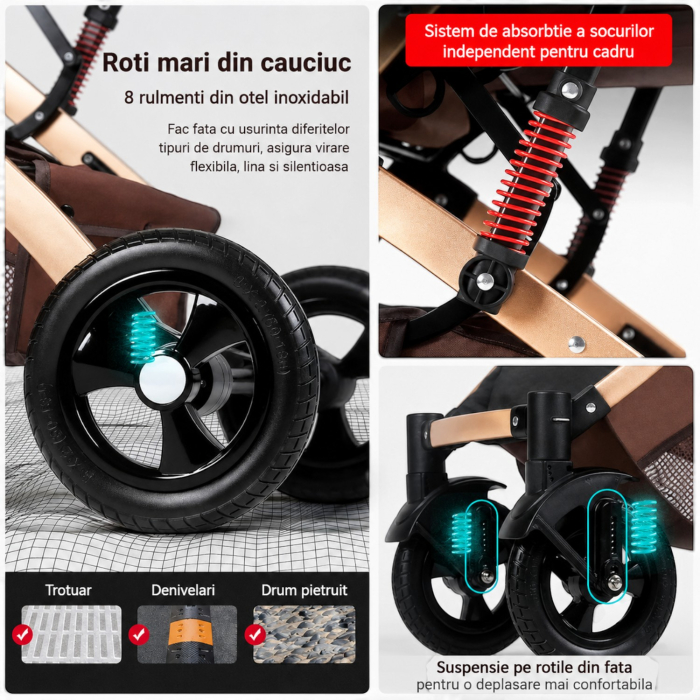 Carucior 3 in 1 7STAR® multifunctional pentru copii – landou, scaun auto si carucior sport, pliabil, design premium, Maro [7]