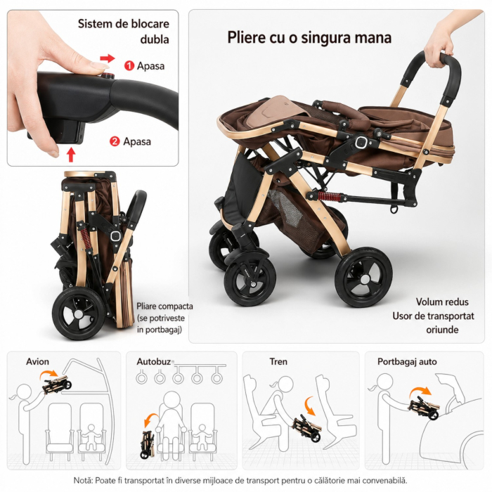 Carucior 3 in 1 7STAR® multifunctional pentru copii – landou, scaun auto si carucior sport, pliabil, design premium, Maro [8]