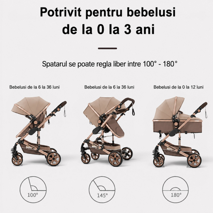 Carucior 3 in 1 7STAR® multifunctional pentru copii – landou, scaun auto si carucior sport, pliabil, design premium, Maro [5]