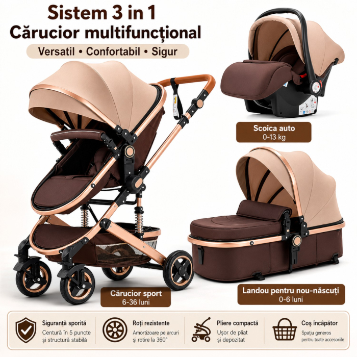 Carucior 3 in 1 7STAR® multifunctional pentru copii – landou, scaun auto si carucior sport, pliabil, design premium, Maro [10]