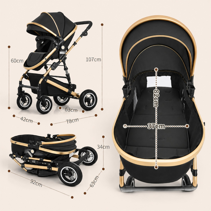 Carucior 3 in 1 7STAR® multifunctional pentru copii – landou, scaun auto si carucior sport, pliabil, design premium, Negru [8]