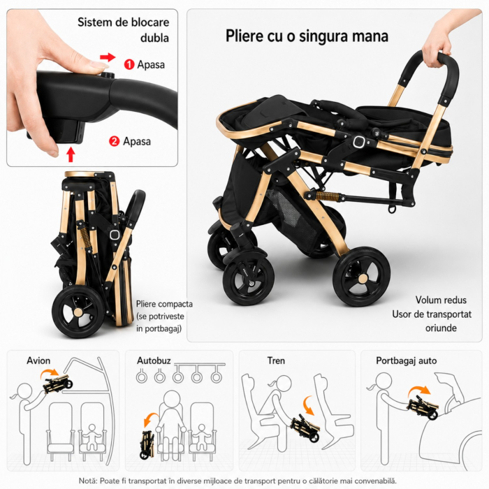 Carucior 3 in 1 7STAR® multifunctional pentru copii – landou, scaun auto si carucior sport, pliabil, design premium, Negru [7]