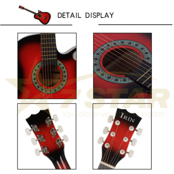 Chitara Acustica Rosu 4/4 38" ( 95 x 35 cm ), pentru Incepatori si Adulti, Recomandata peste 8-10 Ani, 6 Corzi Metalice, 20 De Taste [3]