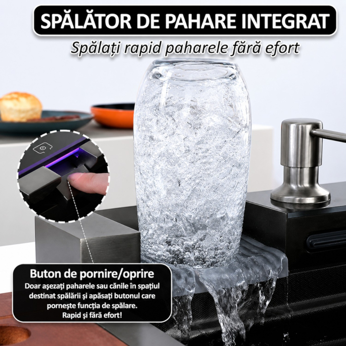 Chiuveta multifunctionala cu 2 cascade cu accesorii incluse, afisaj digital a temperaturii si robinet cascada, culoare negru grafit, dimensiune 750x460mm [16]
