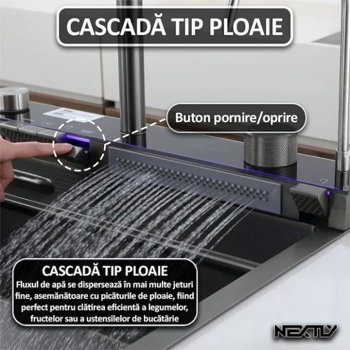 Chiuveta multifunctionala cu 2 cascade cu accesorii incluse, afisaj digital a temperaturii si robinet cascada, culoare negru grafit, dimensiune 750x460mm [5]