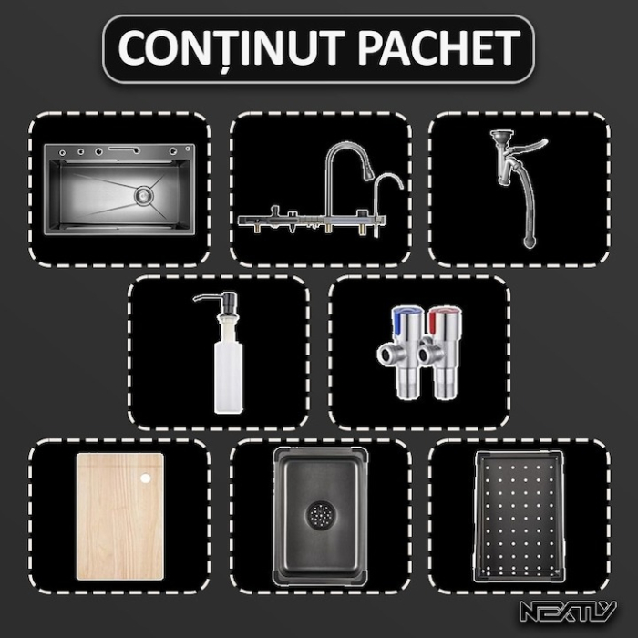 Chiuveta multifunctionala cu 2 cascade cu accesorii incluse, afisaj digital a temperaturii si robinet cascada, culoare negru grafit, dimensiune 750x460mm [18]