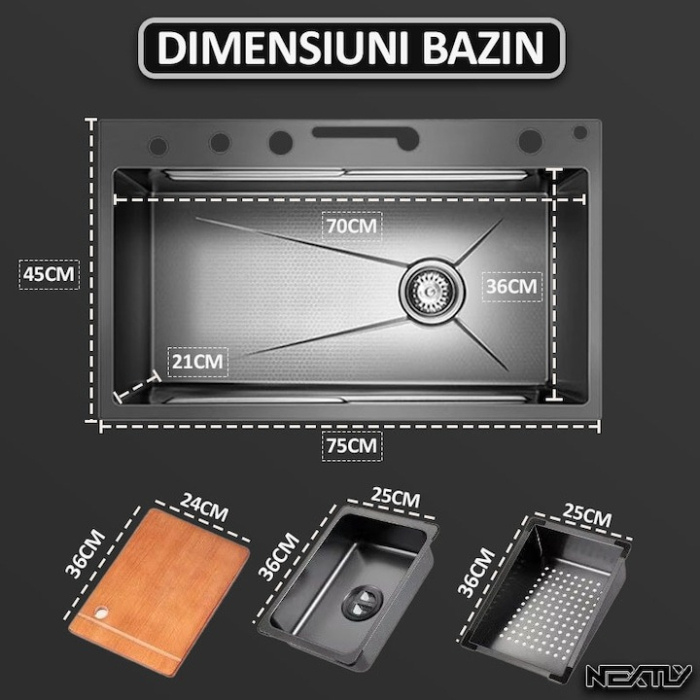 Chiuveta multifunctionala cu 2 cascade cu accesorii incluse, afisaj digital a temperaturii si robinet cascada, culoare negru grafit, dimensiune 750x460mm [17]