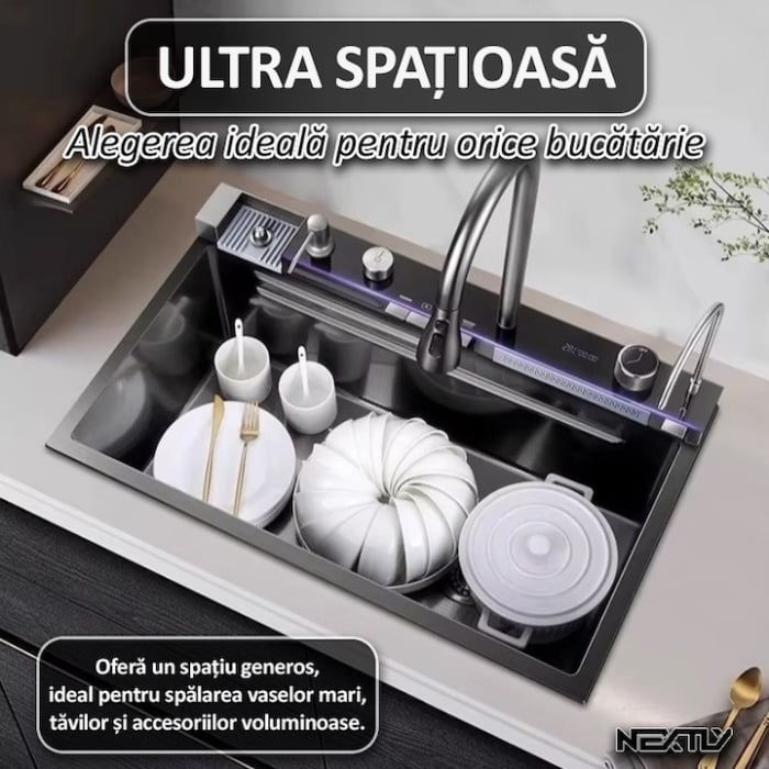Chiuveta multifunctionala cu 2 cascade cu accesorii incluse, afisaj digital a temperaturii si robinet cascada, culoare negru grafit, dimensiune 750x460mm [9]
