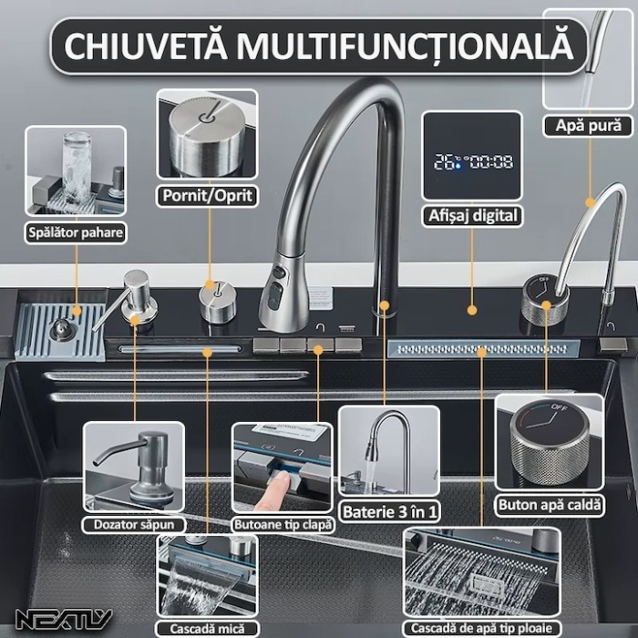 Chiuveta multifunctionala cu 2 cascade cu accesorii incluse, afisaj digital a temperaturii si robinet cascada, culoare negru grafit, dimensiune 750x460mm [11]