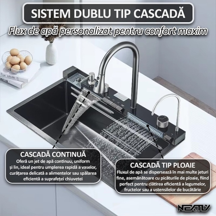 Chiuveta multifunctionala cu 2 cascade cu accesorii incluse, afisaj digital a temperaturii si robinet cascada, culoare negru grafit, dimensiune 750x460mm [4]