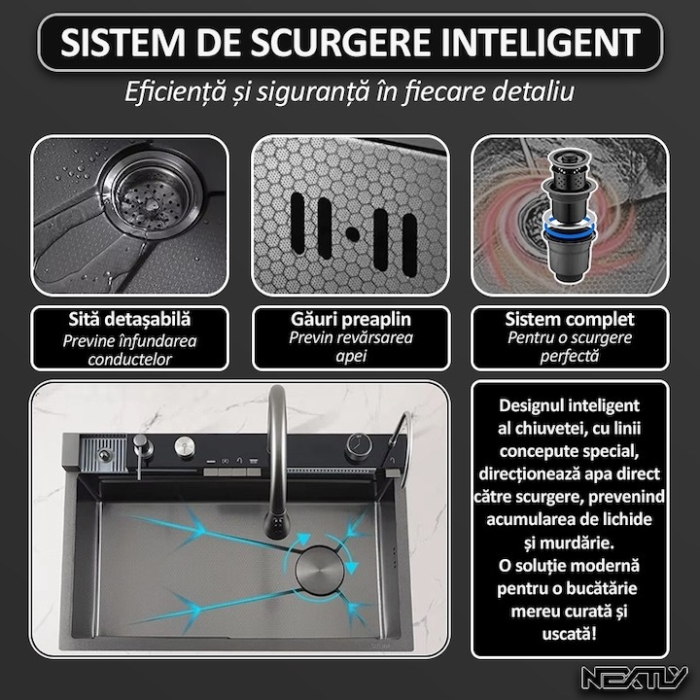 Chiuveta multifunctionala cu 2 cascade cu accesorii incluse, afisaj digital a temperaturii si robinet cascada, culoare negru grafit, dimensiune 750x460mm [14]