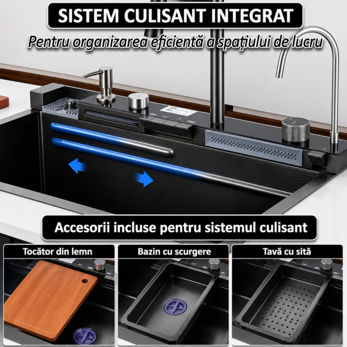 Chiuveta multifunctionala cu 2 cascade cu accesorii incluse, afisaj digital a temperaturii si robinet cascada, culoare negru grafit, dimensiune 750x460mm [15]