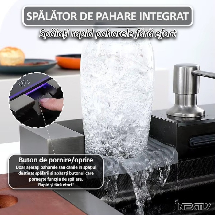 Chiuveta multifunctionala cu 2 cascade cu accesorii incluse, afisaj digital a temperaturii si robinet cascada, culoare negru grafit, dimensiune 750x460mm [16]