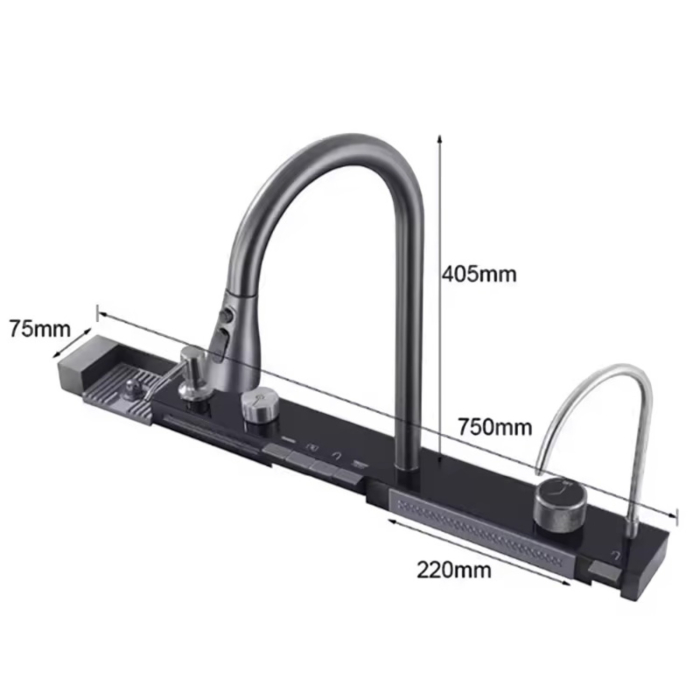 Consola multifunctionala pentru chiuveta, Afisaj digital, LED, 2 cascade, Clatitor pahare si robinet pentru apa filtrata, 750 mm, negru grafit [7]