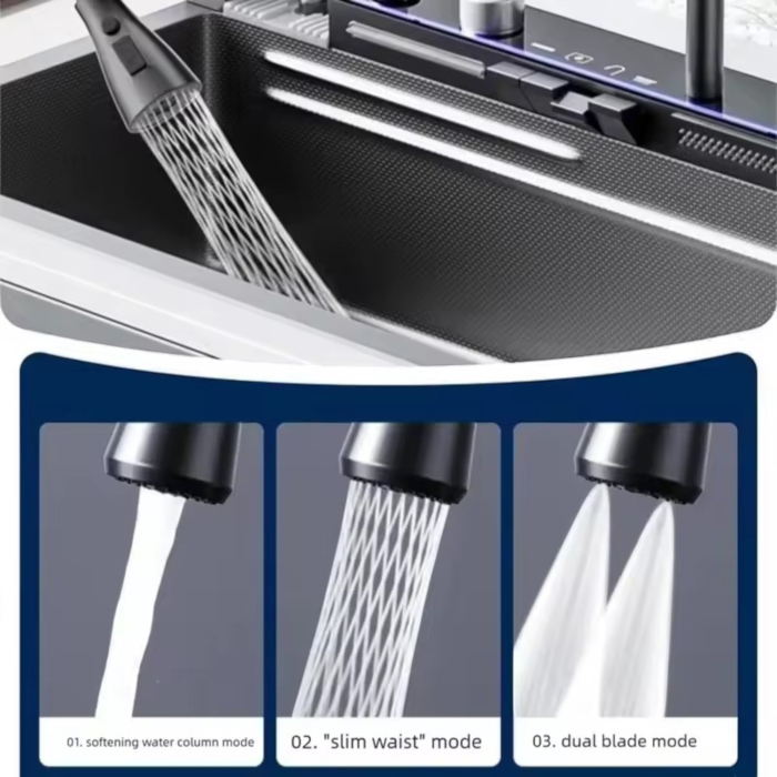 Consola multifunctionala pentru chiuveta, Afisaj digital, LED, 2 cascade, Clatitor pahare si robinet pentru apa filtrata, 750 mm, negru grafit [4]