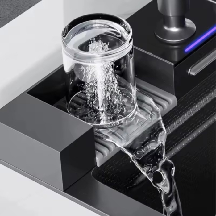 Consola multifunctionala pentru chiuveta, Afisaj digital, LED, 2 cascade, Clatitor pahare si robinet pentru apa filtrata, 750 mm, negru grafit [6]