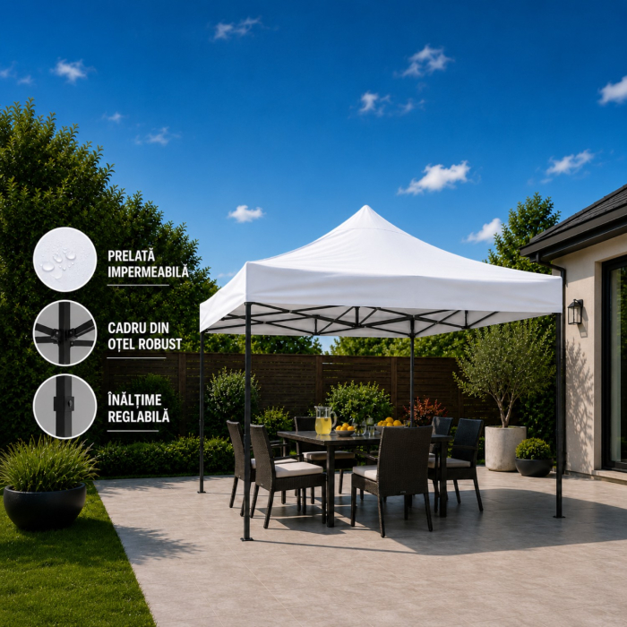 Cort Pavilion 3x3m Alb Pliabil Cadru Metal pentru Curte, Gradina, Evenimente [16]