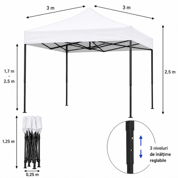Cort Pavilion 3x3m Alb Pliabil Cadru Metal pentru Curte, Gradina, Evenimente [7]