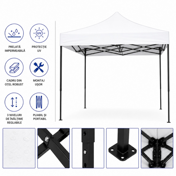 Cort Pavilion 3x3m Alb Pliabil Cadru Metal pentru Curte, Gradina, Evenimente [8]