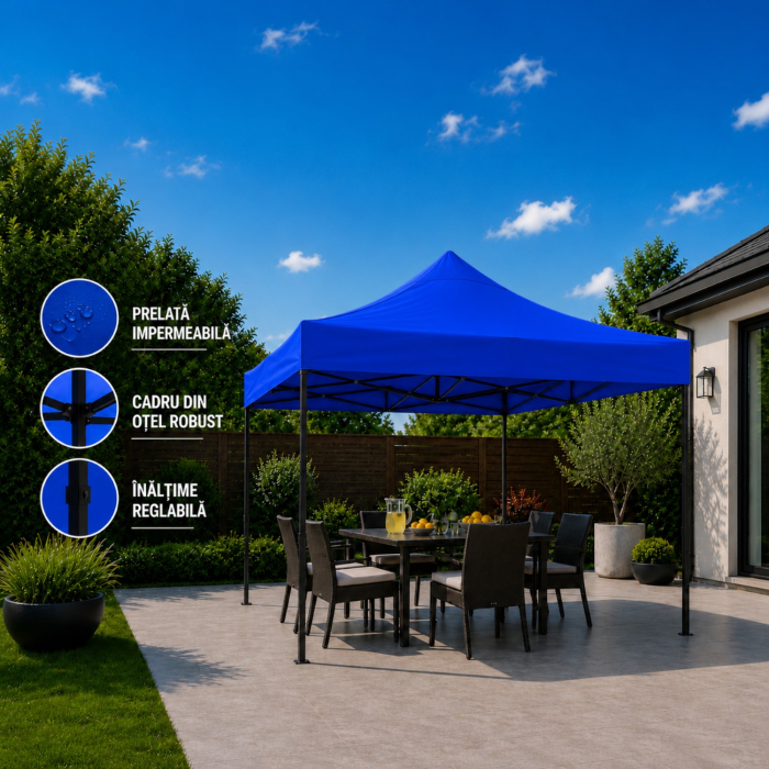 Cort Pavilion 3x3m Albastru Pliabil Cadru Metal pentru Curte, Gradina, Evenimente [16]