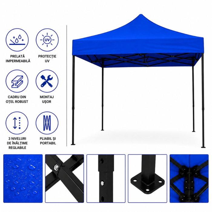 Cort Pavilion 3x3m Albastru Pliabil Cadru Metal pentru Curte, Gradina, Evenimente [8]