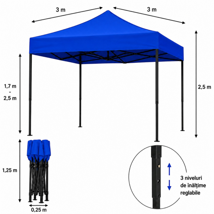 Cort Pavilion 3x3m Albastru Pliabil Cadru Metal pentru Curte, Gradina, Evenimente [7]