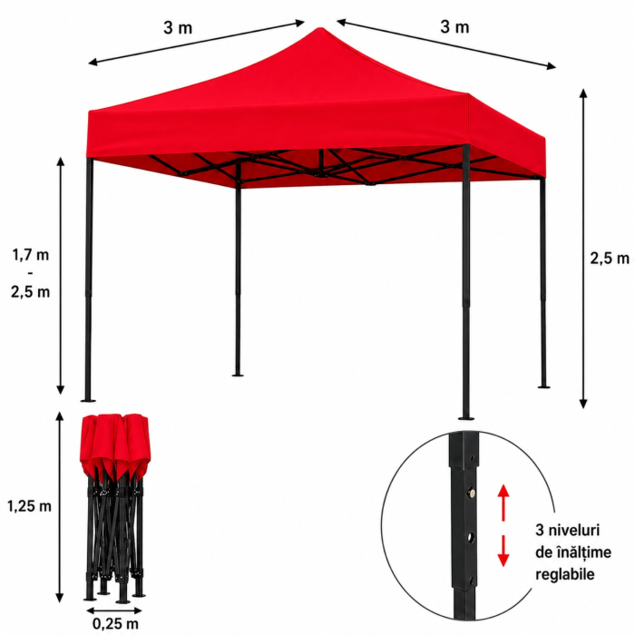 Cort Pavilion 3x3m Rosu Pliabil Cadru Metal pentru Curte, Gradina, Evenimente [7]
