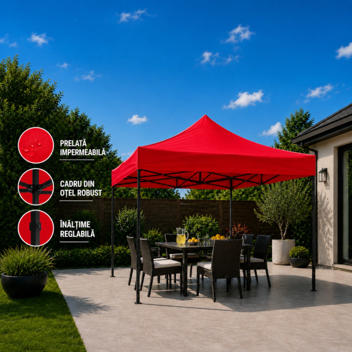 Cort Pavilion 3x3m Rosu Pliabil Cadru Metal pentru Curte, Gradina, Evenimente [16]