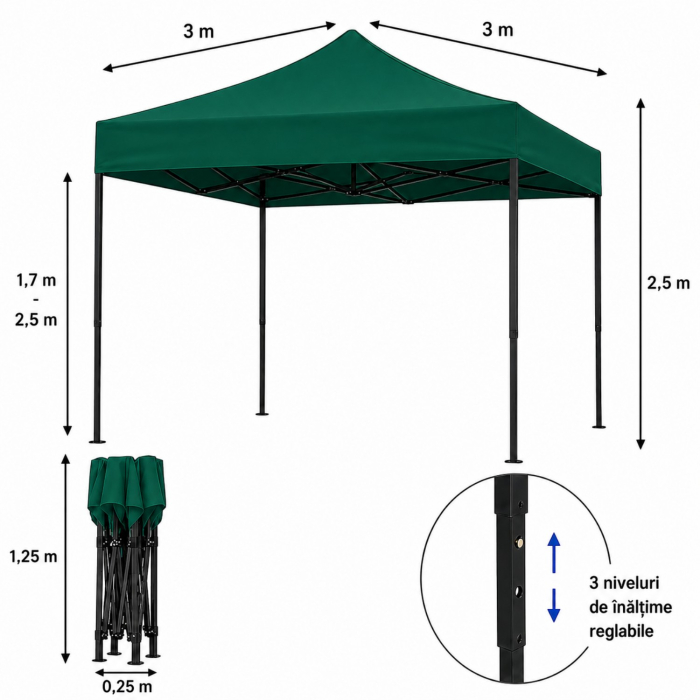 Cort Pavilion 3x3m Verde Pliabil Cadru Metal pentru Curte, Gradina, Evenimente [7]