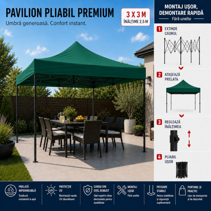 Cort Pavilion 3x3m Verde Pliabil Cadru Metal pentru Curte, Gradina, Evenimente [11]
