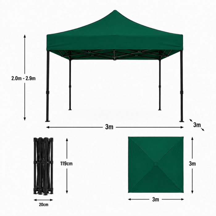 Cort Pavilion 3x3m Verde Pliabil Cadru Metal pentru Curte, Gradina, Evenimente [9]
