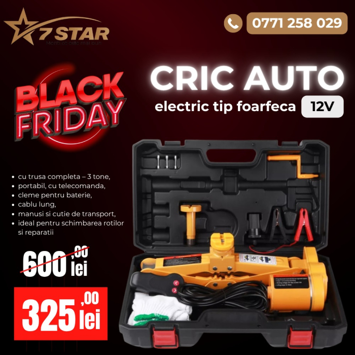 Cric auto electric tip foarfeca 12V cu trusa completa – 3 tone, portabil, cu telecomanda, cleme pentru baterie, cablu lung, manusi si cutie de transport, ideal pentru schimbarea rotilor si reparatii a [1]