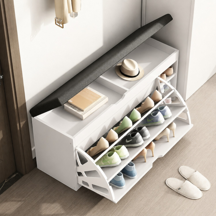 Dulap pentru pantofi tip bancheta, 6 rafturi, 100x34x50 cm, PAL melaminat, Alb [3]