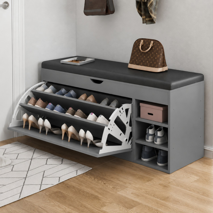 Dulap pentru pantofi tip bancheta, 6 rafturi, 100x34x50 cm, PAL melaminat, Gri [3]