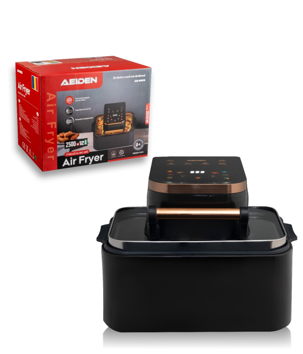 Friteuza Airfryer cu aer cald  AEIDEN®, AE-2513 2500W, capacitate mare 12L, multifunctional pentru cartofi prajiti, carne, coacere si altele, 11 programe, display LCD, Negru-Auriu, 200 hartii cadou [7]