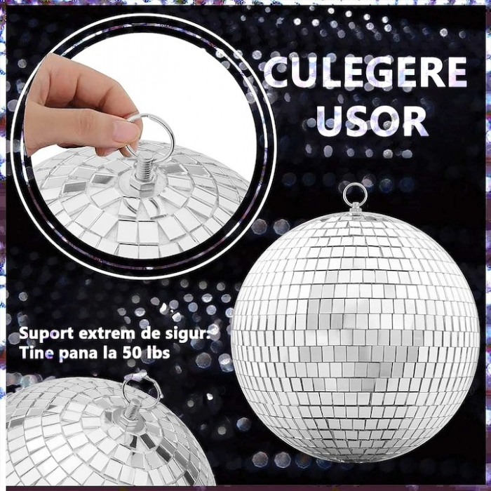 Glob Disco cu Aplicatii Oglinda, Diametru 40 cm, Reflectorizant, Cu Motoras, Sistem Agatare, Forma Sferica, Argintiu [3]