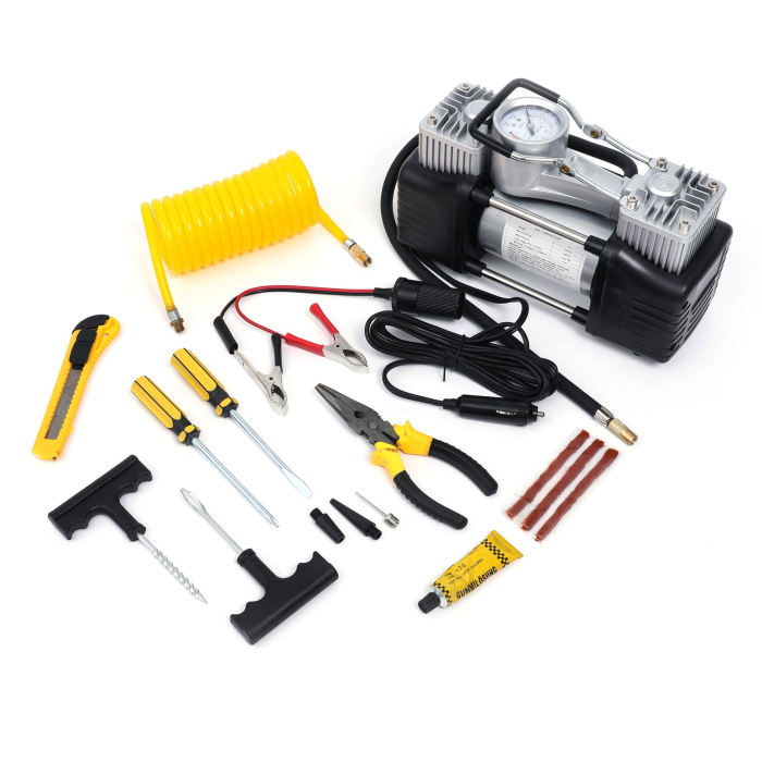 Kit pana auto complet, compresor cu 2 cilindri, 500W, metal, accesorii incluse, alimentare la priza 12V, rezistent la apa, protectie suprasarcina, Galben/Negru [5]