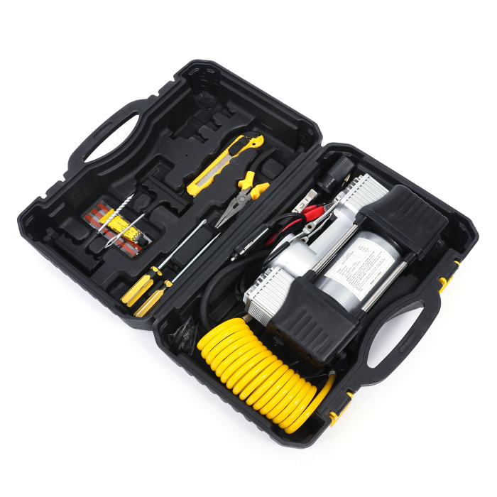 Kit pana auto complet, compresor cu 2 cilindri, 500W, metal, accesorii incluse, alimentare la priza 12V, rezistent la apa, protectie suprasarcina, Galben/Negru [3]