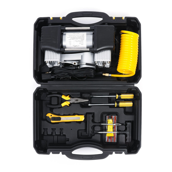 Kit pana auto complet, compresor cu 2 cilindri, 500W, metal, accesorii incluse, alimentare la priza 12V, rezistent la apa, protectie suprasarcina, Galben/Negru [2]