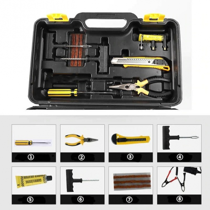 Kit pana auto complet, compresor cu 2 cilindri, 500W, metal, accesorii incluse, alimentare la priza 12V, rezistent la apa, protectie suprasarcina, Galben/Negru [4]