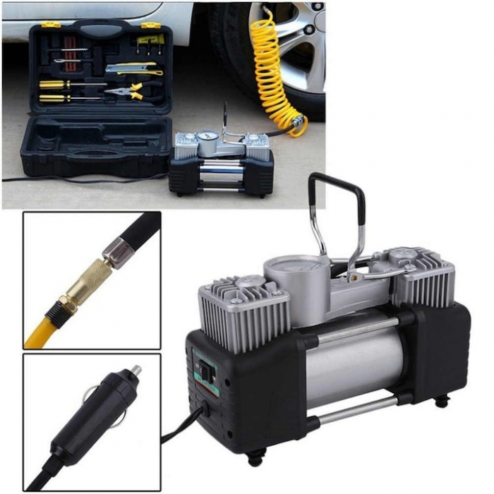 Kit pana auto complet, compresor cu 2 cilindri, 500W, metal, accesorii incluse, alimentare la priza 12V, rezistent la apa, protectie suprasarcina, Galben/Negru [6]