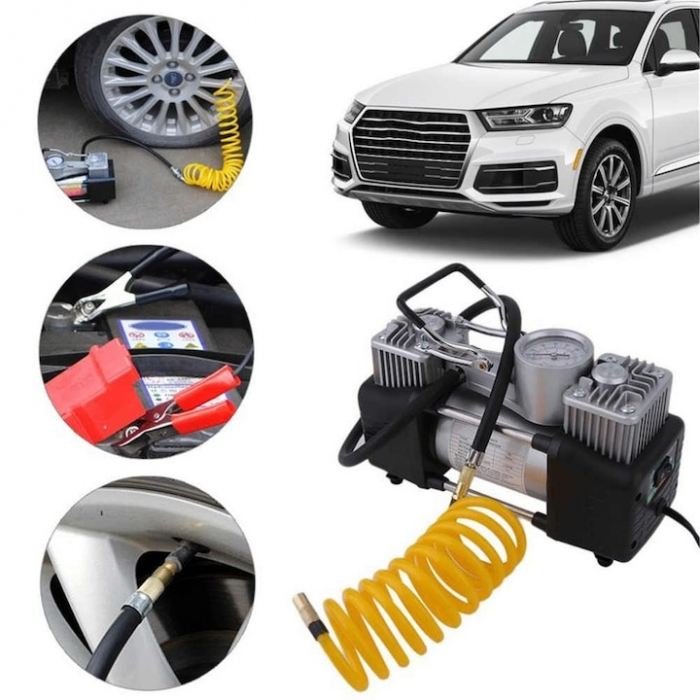 Kit pana auto complet, compresor cu 2 cilindri, 500W, metal, accesorii incluse, alimentare la priza 12V, rezistent la apa, protectie suprasarcina, Galben/Negru [3]