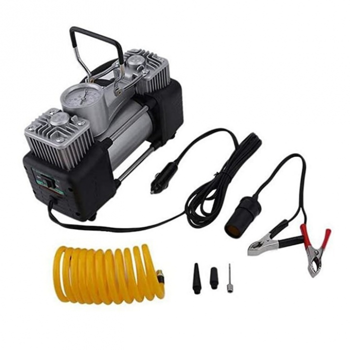 Kit pana auto complet, compresor cu 2 cilindri, 500W, metal, accesorii incluse, alimentare la priza 12V, rezistent la apa, protectie suprasarcina, Galben/Negru [2]